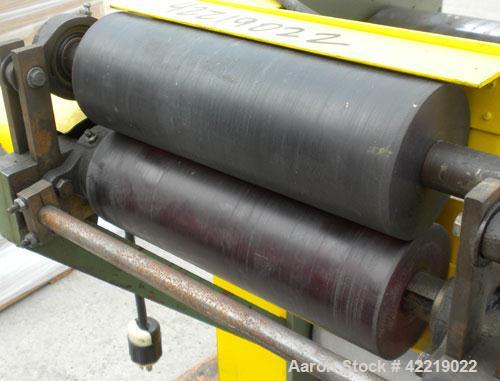 Used 15" Wide Cast Film Roll Stand. (2) 15" wide x 12" diameter chrome plated rolls. (2) 4" diameter x 12" wide rubber pull rolls, driven by a 1/2 hp, 3/60/230/460 volt, 50-1600 rpm motor. Mounted on...