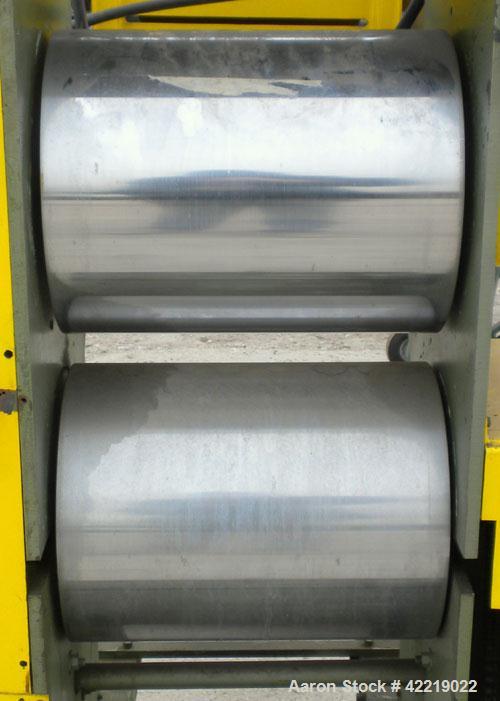 Used 15" Wide Cast Film Roll Stand. (2) 15" wide x 12" diameter chrome plated rolls. (2) 4" diameter x 12" wide rubber pull rolls, driven by a 1/2 hp, 3/60/230/460 volt, 50-1600 rpm motor. Mounted on...