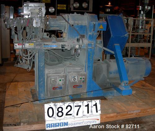 Used Buss Ko-Kneader, 55mm, Model PCS 55-8D. 8:1 L/D, driven by a 40 hp AC motor with inverter. Has Panelview touch screen operator control and includes main electrical panel. Serial #453586-2, sales...