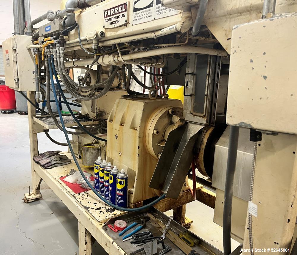 Used Farrel CP-23 Compounding System Consisting Of: (1) Farrell Compact Processor Continuous Mixer, type CP-23. #2 Cored rotors driven by an 30hp, 500 volt, 1150 rpm DC motor. (1) Farrell approximate...