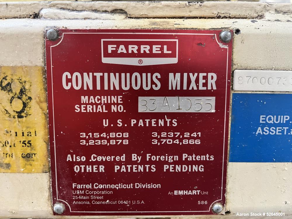 Used Farrel CP-23 Compounding System Consisting Of: (1) Farrell Compact Processor Continuous Mixer, type CP-23. #2 Cored rotors driven by an 30hp, 500 volt, 1150 rpm DC motor. (1) Farrell approximate...