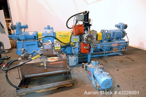 Used Compounding Line Consisting Of: (1) Farrel size 4LMSD Continuous Mixer. Modified top feed, side discharge. Oil heated, over-under rotor design. Driven by a 150hp, 500 volt, 1750 rpm DC motor thr...