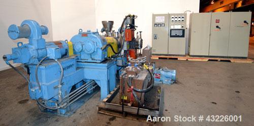 Used Compounding Line Consisting Of: (1) Farrel size 4LMSD Continuous Mixer. Modified top feed, side discharge. Oil heated, over-under rotor design. Driven by a 150hp, 500 volt, 1750 rpm DC motor thr...