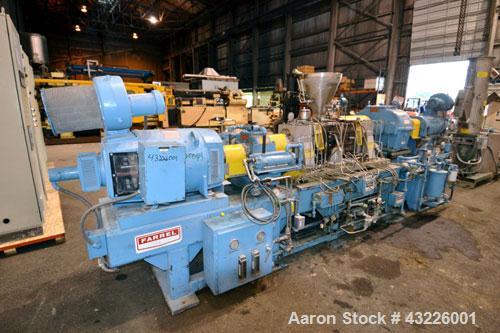 Used Compounding Line Consisting Of: (1) Farrel size 4LMSD Continuous Mixer. Modified top feed, side discharge. Oil heated, over-under rotor design. Driven by a 150hp, 500 volt, 1750 rpm DC motor thr...