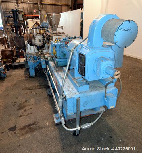 Used Compounding Line Consisting Of: (1) Farrel size 4LMSD Continuous Mixer. Modified top feed, side discharge. Oil heated, over-under rotor design. Driven by a 150hp, 500 volt, 1750 rpm DC motor thr...