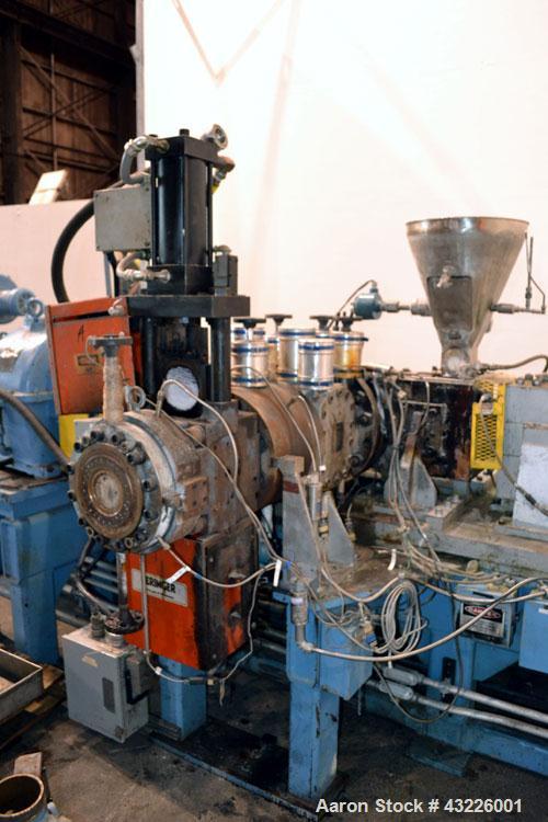 Used Compounding Line Consisting Of: (1) Farrel size 4LMSD Continuous Mixer. Modified top feed, side discharge. Oil heated, over-under rotor design. Driven by a 150hp, 500 volt, 1750 rpm DC motor thr...
