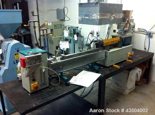 Used Prism Laboratory Compounding Line consisting of:  (1) Prism 16 mm extruder, model TSE16C, approximately 24 to 1 L/D.  Includes a volumetric feeder, controls, vacuum pump and single hole strand d...