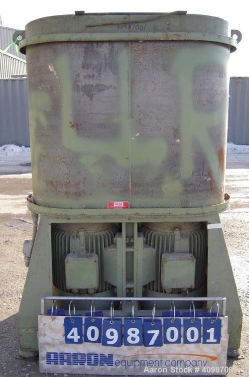 Used Weiss Densifier, model RL600, carbon steel. Approximately 600 liter capacity. Oval shaped bowl 26'' x 50'' x 43'' deep. (2) Bottom blades, each driven by an approximate 50 hp motor. Back outlet ...
