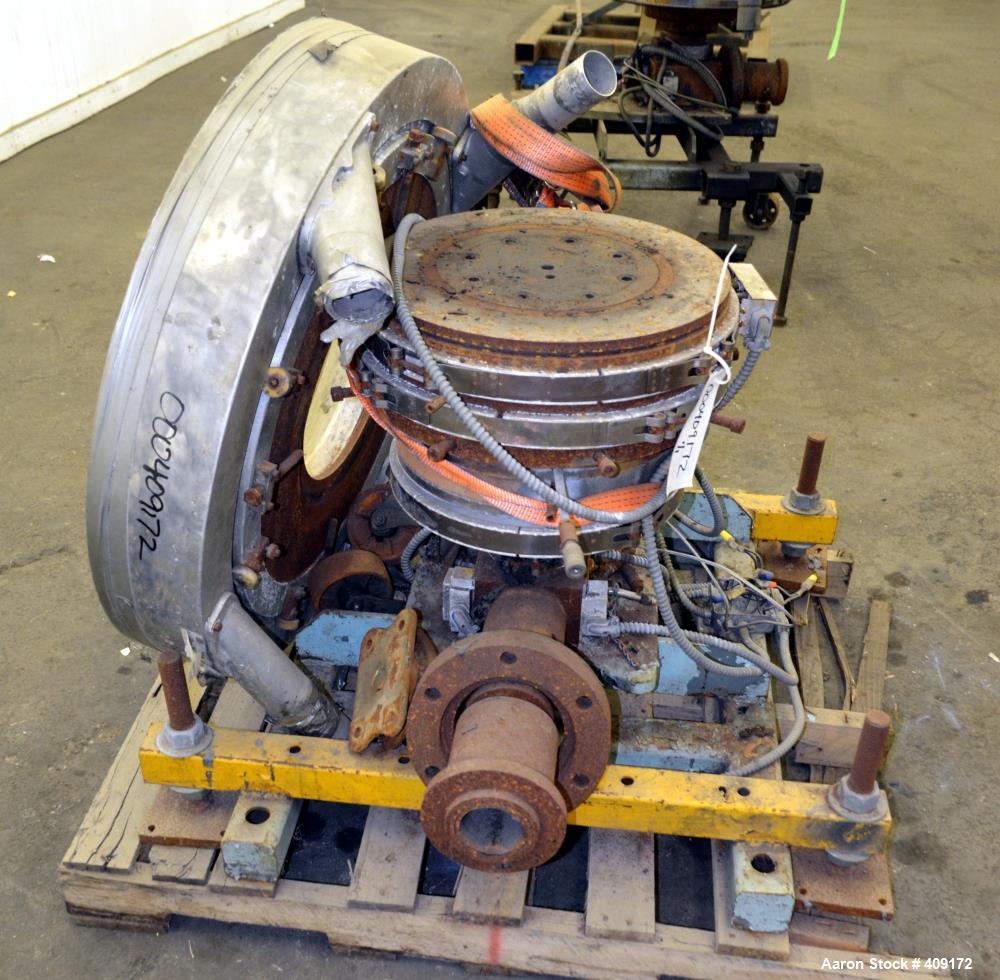 Used Gloucester Engineering Blown Film Die, Approximate 11" diameter. Includes an air ring, and cart.