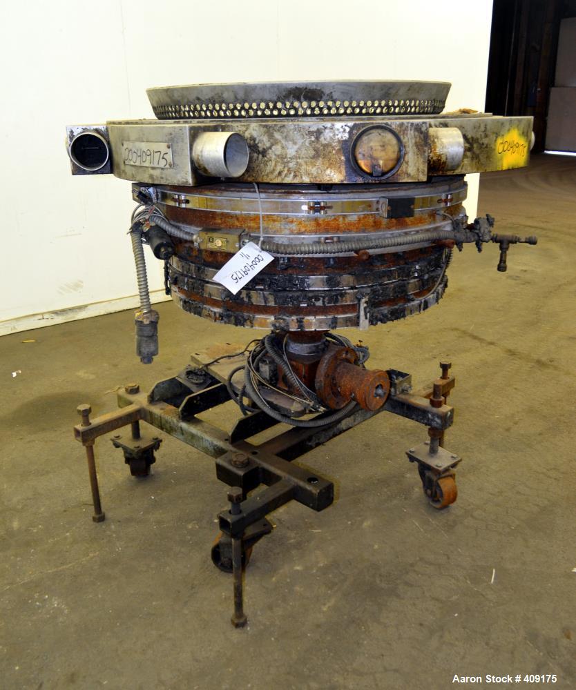 Used Gloucester Engineering Blown Film Die, Approximate 28" diameter. Includes an air ring, and cart.