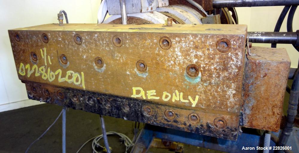 Used Barrel Mounted 30 Hole Strand Die. No manufacturers tag. Last used on a 110mm twin screw extruder.
