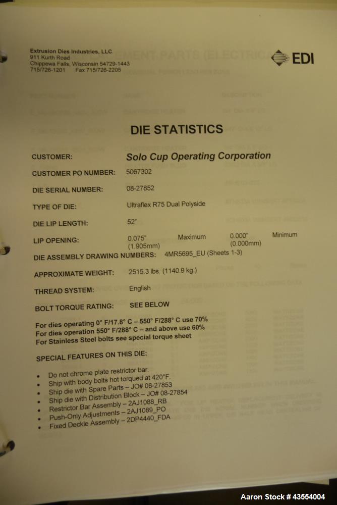 Unused- 52" EDI Dual Entry Sheet Die, Model 52U/F R75