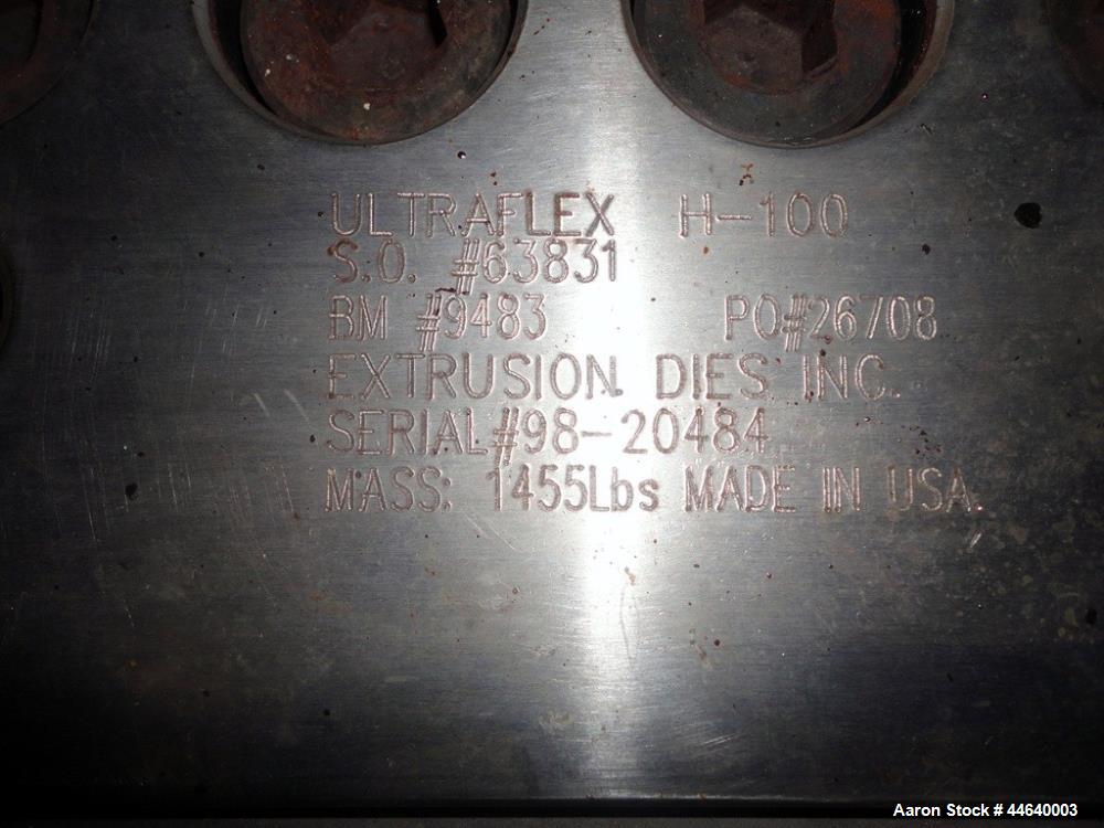 Used EDI Extrusion Dies 44" Wide Ultraflex Sheet Die, Model H-100. Flexible upper lip, removable lower lip, back center feed. Serial# 98-20484, built 1998.