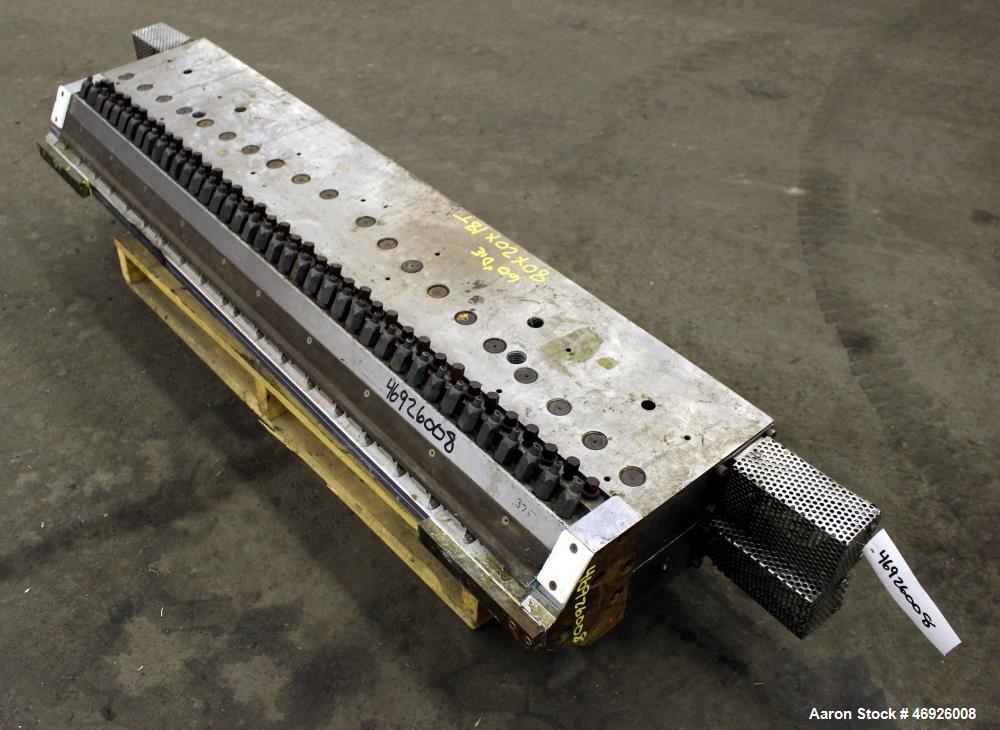 Used JSW Japan Steel Works 1530mm (60.2") Wide Sheet Die, Model T-Die. Fixed lips, restrictor bar, back center feed with adapter. Serial# 1367.