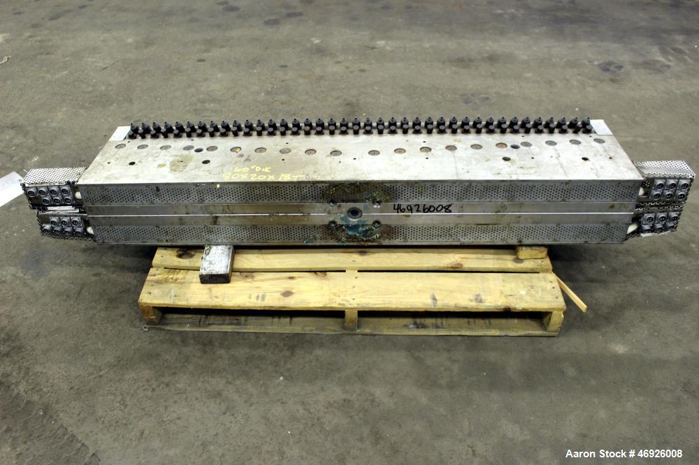 Used JSW Japan Steel Works 1530mm (60.2") Wide Sheet Die, Model T-Die. Fixed lips, restrictor bar, back center feed with adapter. Serial# 1367.