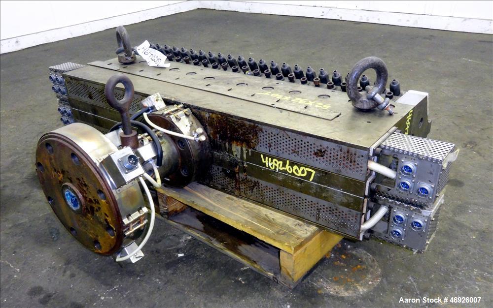 Used JSW Japan Steel Works 925mm (36.4") Wide Sheet Die, Model T-Die. Fixed lips, restrictor bar, back center feed with adapter. Serial# 1368.