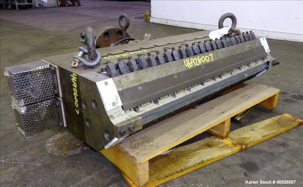 Used JSW Japan Steel Works 925mm (36.4") Wide Sheet Die, Model T-Die. Fixed lips, restrictor bar, back center feed with adapter. Serial# 1368.