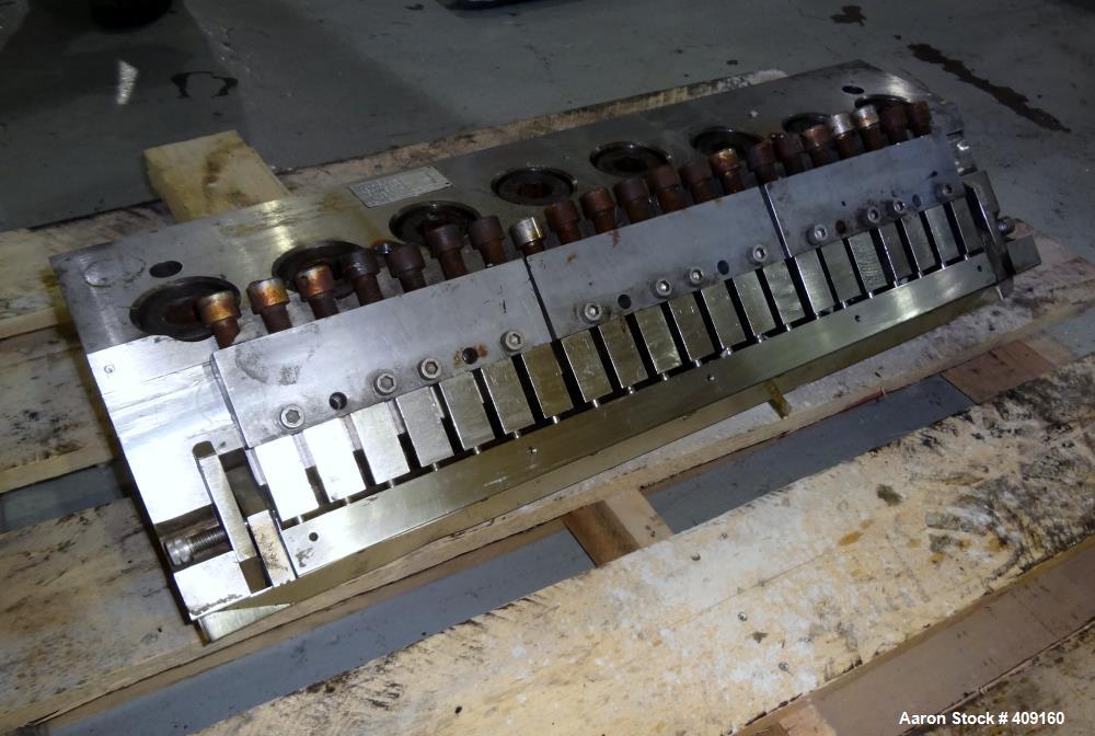 Used Johnson 21" Wide Sheet Die, 15-5PH Stainless Steel. Coat hanger design, restrictor bar, and back center feed. Serial# 3552-47-R.