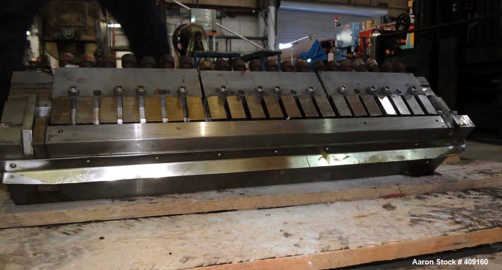 Used Johnson 21" Wide Sheet Die, 15-5PH Stainless Steel. Coat hanger design, restrictor bar, and back center feed. Serial# 3552-47-R.