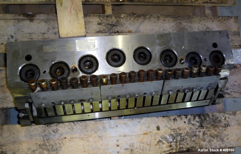 Used Johnson 21" Wide Sheet Die, 15-5PH Stainless Steel. Coat hanger design, restrictor bar, and back center feed. Serial# 3552-47-R.