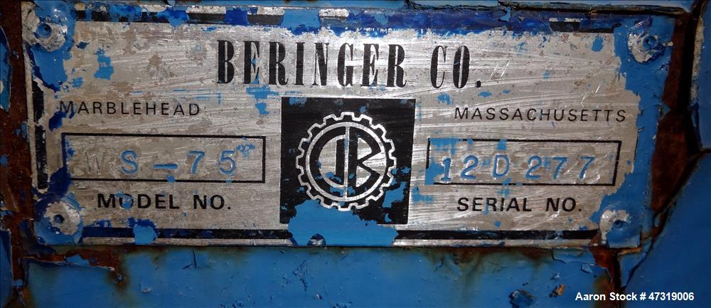 Used Beringer Air Knife, Model WS-75. Approximate 12" wide. New york blower, driven by a 5hp, 3/60/575 volt, 3470 rpm motor. Mounted on carbon steel frame. Serial# 12D277.