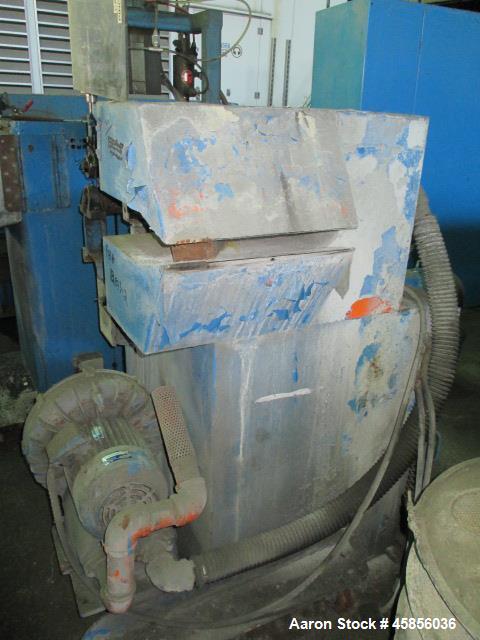 Used Berlyn 14" Wide Dual Lip Air Wipe. Includes an approximate 2hp blower and 12" wide pull roll assembly with 1hp motor. On base.