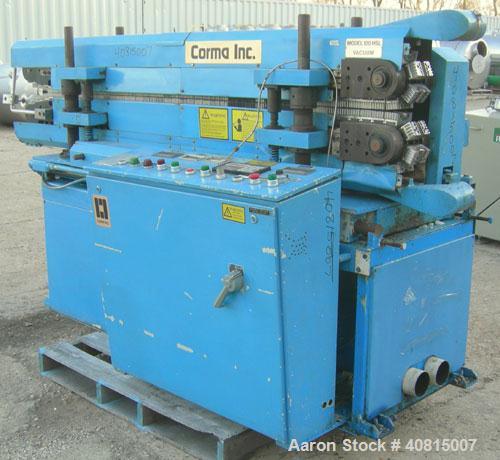 Used Corma Corrugator, Model 120HSL. Maximum line speed 125 feet per minute, approximate 3/4" mold blocks. Driven by an approximate 5 hp motor. Includes a Powertec drive panel.