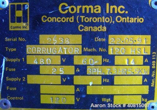 Used Corma Corrugator, Model 120HSL. Maximum line speed 125 feet per minute, approximate 3/4" mold blocks. Driven by an approximate 5 hp motor. Includes a Powertec drive panel.