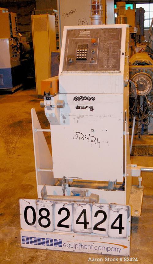 Used Killion Fly Knife Servo Cutter. Approximate 1 hp drive, good for profile of 2" or smaller. Pushbutton controls. Including power belt conveyor 94" long x 3.5" wide with air assist removal, 1/3 hp...