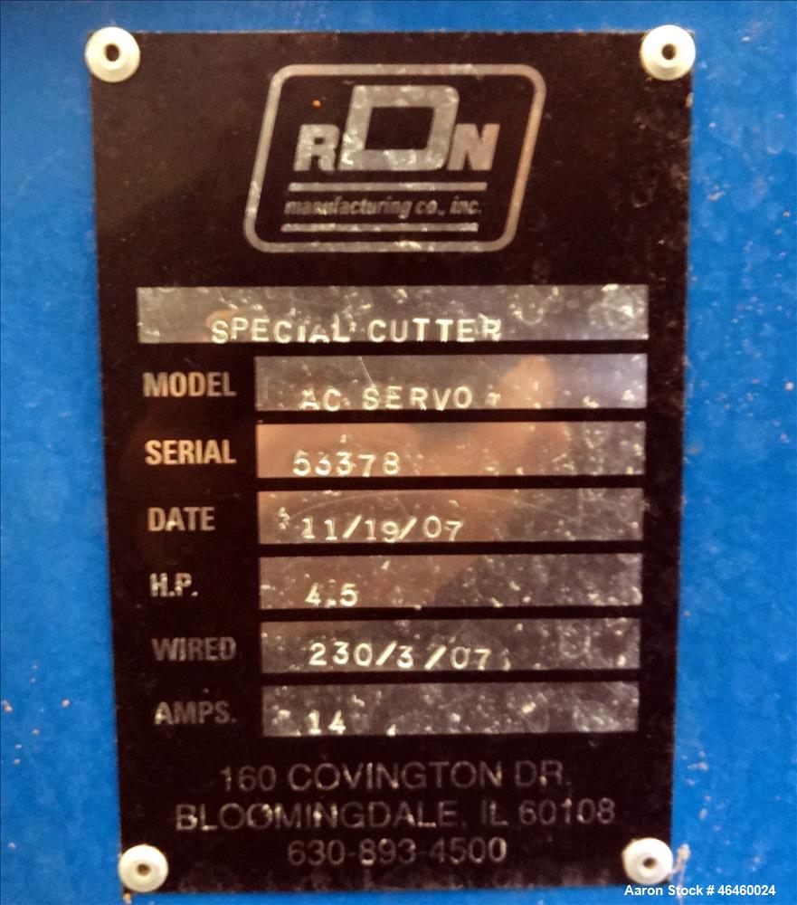 Used RDN IntelliCut Servo-Driven Cutter, Model AC SERVO. 2 Cutting knives, driven by a 4.5hp (3.4kw), 3/60/230 volt, 1750 rpm motor with (2) Morse gearboxs ratio 1.1. Includes HMI screen. Mounted on ...