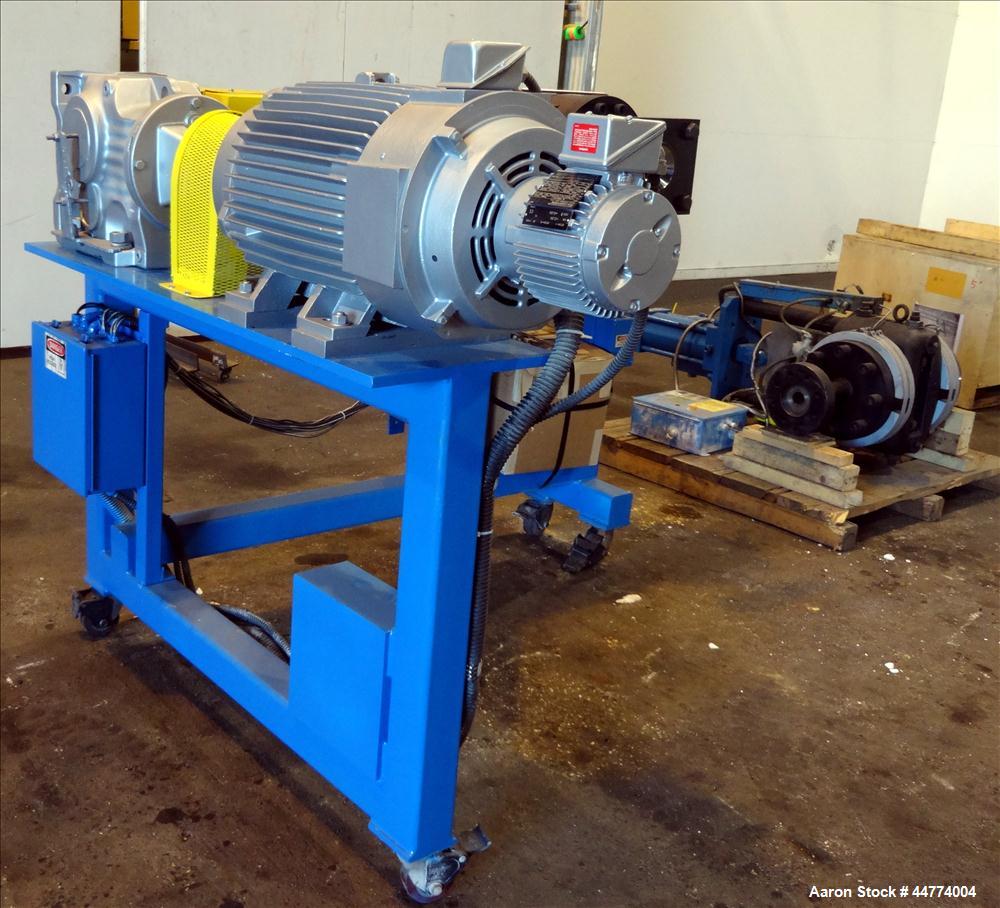 Used LCI Gear Pump, Model ES90/90. Driven by a Marathon 40 hp, 190-380 volt, 3600 rpm motor with a Sew-Eurodrive 18.96:1 gearbox ratio. Mounted on carbon steel frame with casters.
