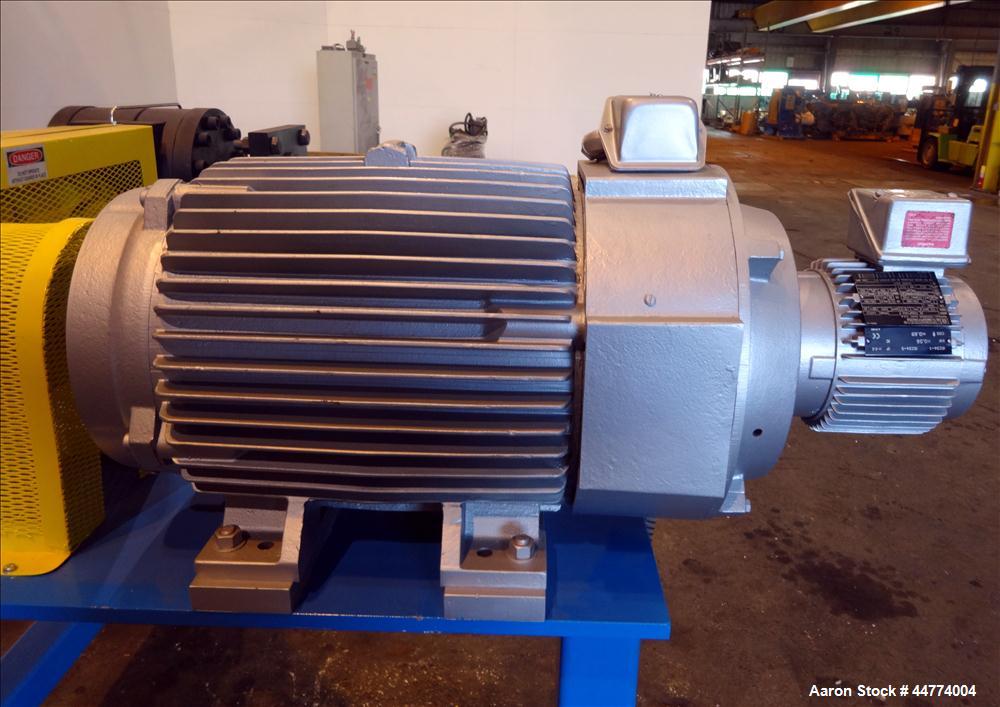 Used LCI Gear Pump, Model ES90/90. Driven by a Marathon 40 hp, 190-380 volt, 3600 rpm motor with a Sew-Eurodrive 18.96:1 gearbox ratio. Mounted on carbon steel frame with casters.