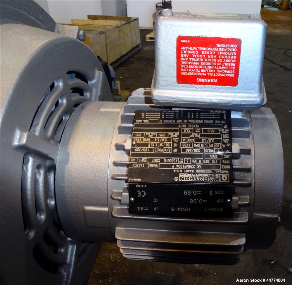 Used LCI Gear Pump, Model ES90/90. Driven by a Marathon 40 hp, 190-380 volt, 3600 rpm motor with a Sew-Eurodrive 18.96:1 gearbox ratio. Mounted on carbon steel frame with casters.
