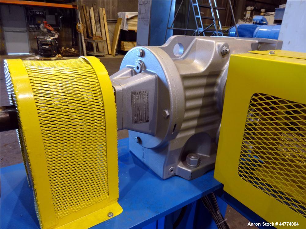Used LCI Gear Pump, Model ES90/90. Driven by a Marathon 40 hp, 190-380 volt, 3600 rpm motor with a Sew-Eurodrive 18.96:1 gearbox ratio. Mounted on carbon steel frame with casters.