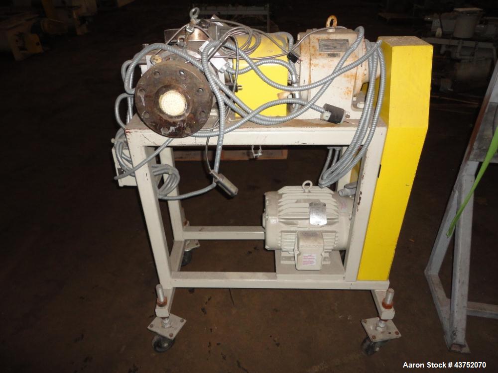 Used Maag gear pump, model EXTREX 45/45, rated up to 300#/hour capacity at 300 f, 200-3500 PAS viscosity, 69 rpm, 1000 psi suction pressure, 5000 psi discharge pressure, 2" inlet/outlet, on stand wit...