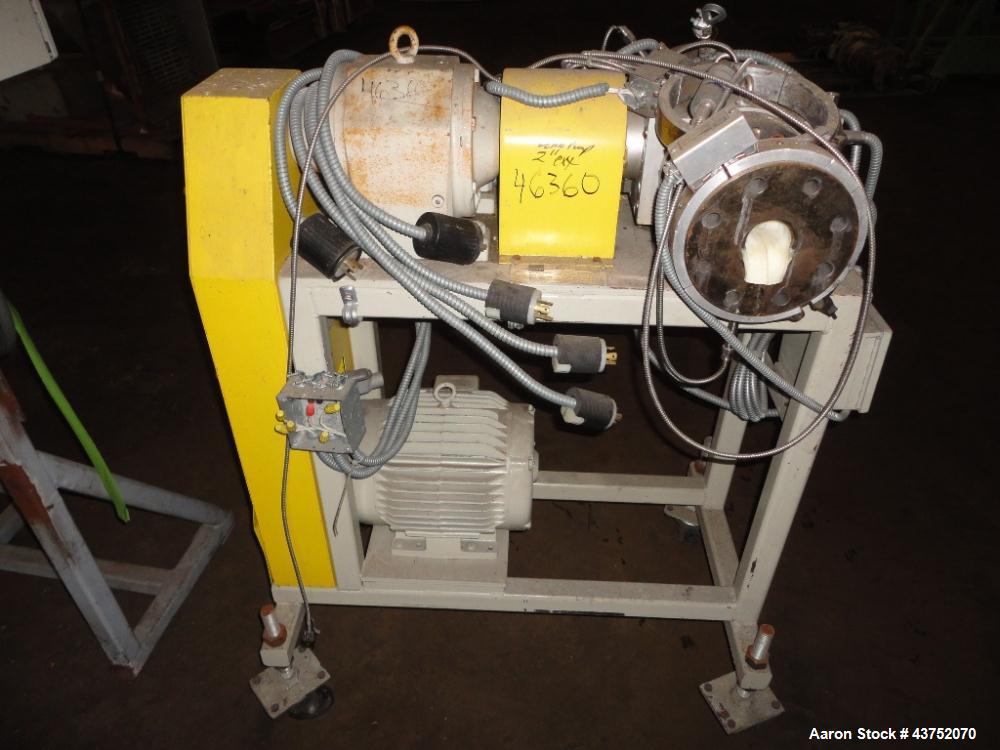 Used Maag gear pump, model EXTREX 45/45, rated up to 300#/hour capacity at 300 f, 200-3500 PAS viscosity, 69 rpm, 1000 psi suction pressure, 5000 psi discharge pressure, 2" inlet/outlet, on stand wit...