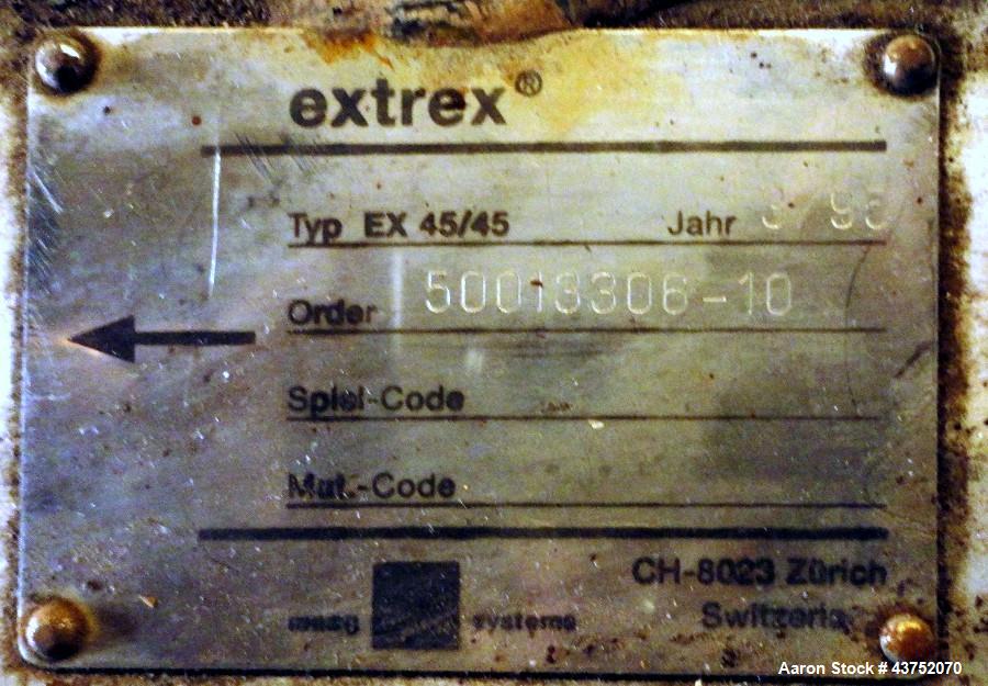 Used Maag gear pump, model EXTREX 45/45, rated up to 300#/hour capacity at 300 f, 200-3500 PAS viscosity, 69 rpm, 1000 psi suction pressure, 5000 psi discharge pressure, 2" inlet/outlet, on stand wit...