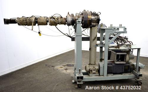 Used Maag Extrex Gear Pump, Model 56/56. Approximately 92.6 cubic meters per revolution Driven by a 10 hp, 500 volt, 1750 rpm DC motor with reducer, ratio 19.5 to 1. Mounted on a carbon steel stand w...