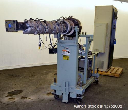Used Maag Extrex Gear Pump, Model 56/56. Approximately 92.6 cubic meters per revolution Driven by a 10 hp, 500 volt, 1750 rpm DC motor with reducer, ratio 19.5 to 1. Mounted on a carbon steel stand w...
