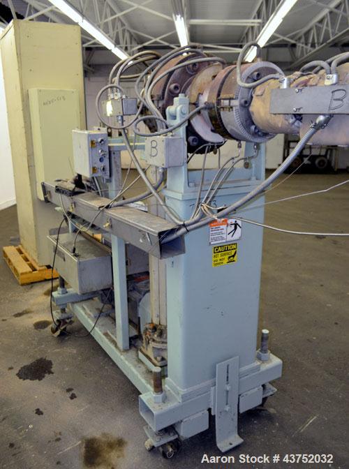 Used Maag Extrex Gear Pump, Model 56/56. Approximately 92.6 cubic meters per revolution Driven by a 10 hp, 500 volt, 1750 rpm DC motor with reducer, ratio 19.5 to 1. Mounted on a carbon steel stand w...