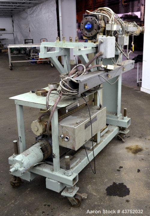 Used Maag Extrex Gear Pump, Model 56/56. Approximately 92.6 cubic meters per revolution Driven by a 10 hp, 500 volt, 1750 rpm DC motor with reducer, ratio 19.5 to 1. Mounted on a carbon steel stand w...