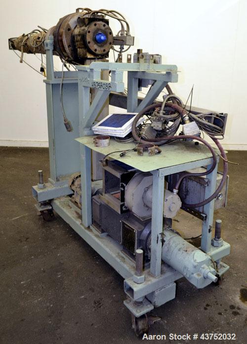 Used Maag Extrex Gear Pump, Model 56/56. Approximately 92.6 cubic meters per revolution Driven by a 10 hp, 500 volt, 1750 rpm DC motor with reducer, ratio 19.5 to 1. Mounted on a carbon steel stand w...