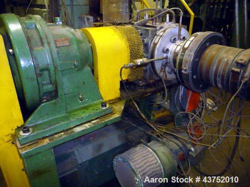 Used Maag Extrex Gear Pump, Model EX90 4STE 10/0. Driven by a 30 hp DC motor with SCR control. Includes an operator panel for pressure.