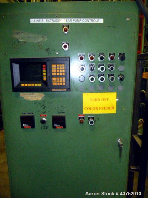 Used Maag Extrex Gear Pump, Model EX90 4STE 10/0. Driven by a 30 hp DC motor with SCR control. Includes an operator panel for pressure.