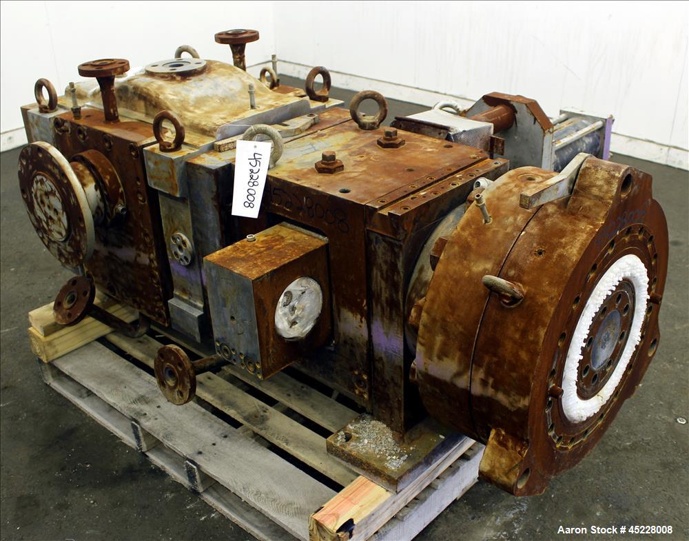 Used Maag Gear Pump, Model Polyrex 180/125, Carbon Steel. 3 Tons per hour. Includes a 5-1/4" screen changer, shaft 8" diameter x 122" long and Herion power pack, driven by 2.2kW, 3/50/380 volt, 1420 ...