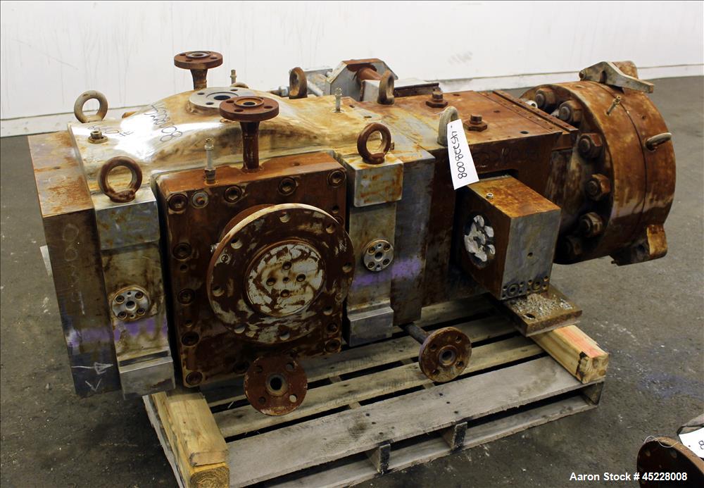Used Maag Gear Pump, Model Polyrex 180/125, Carbon Steel. 3 Tons per hour. Includes a 5-1/4" screen changer, shaft 8" diameter x 122" long and Herion power pack, driven by 2.2kW, 3/50/380 volt, 1420 ...