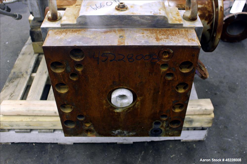 Used Maag Gear Pump, Model Polyrex 180/125, Carbon Steel. 3 Tons per hour. Includes a 5-1/4" screen changer, shaft 8" diameter x 122" long and Herion power pack, driven by 2.2kW, 3/50/380 volt, 1420 ...