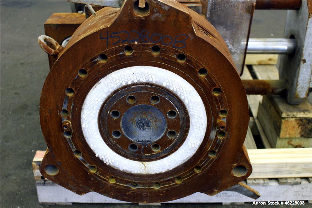 Used Maag Gear Pump, Model Polyrex 180/125, Carbon Steel. 3 Tons per hour. Includes a 5-1/4" screen changer, shaft 8" diameter x 122" long and Herion power pack, driven by 2.2kW, 3/50/380 volt, 1420 ...