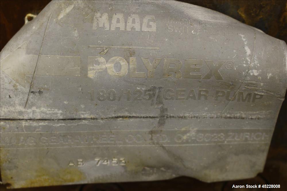 Used Maag Gear Pump, Model Polyrex 180/125, Carbon Steel. 3 Tons per hour. Includes a 5-1/4" screen changer, shaft 8" diameter x 122" long and Herion power pack, driven by 2.2kW, 3/50/380 volt, 1420 ...