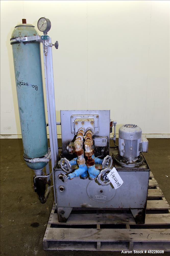 Used Maag Gear Pump, Model Polyrex 180/125, Carbon Steel. 3 Tons per hour. Includes a 5-1/4" screen changer, shaft 8" diameter x 122" long and Herion power pack, driven by 2.2kW, 3/50/380 volt, 1420 ...